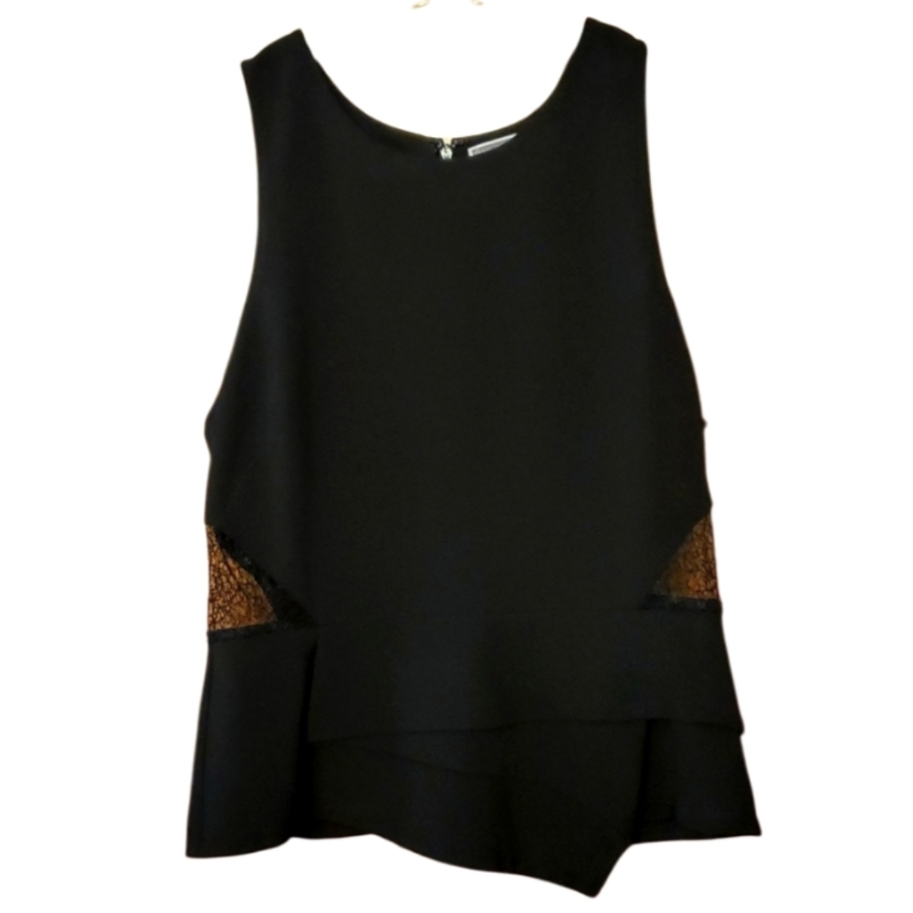 Chelsea28 Womans Black Assemetrical Textured Top with Lace Cutouts Size Medium